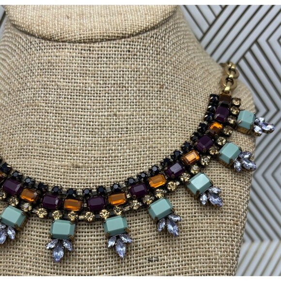 J.Crew Gold Tone, Blue, Purple & Amber Color Collar Crystal Statement Necklace - Picture 4 of 7